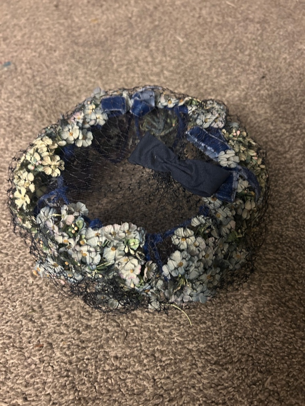 Vintage-Inspired Navy Floral Pillbox Hat with Veil